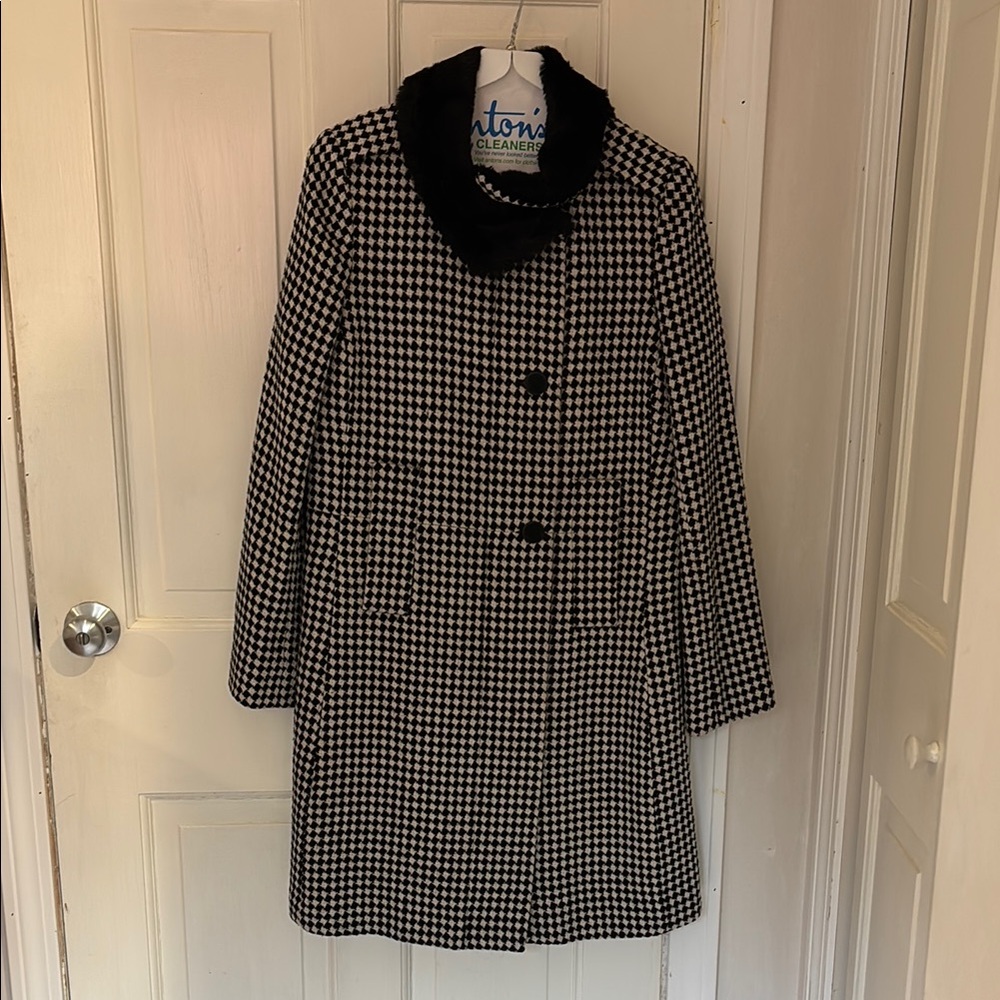 Talbots Houndstooth Trench Coat with Black Collar